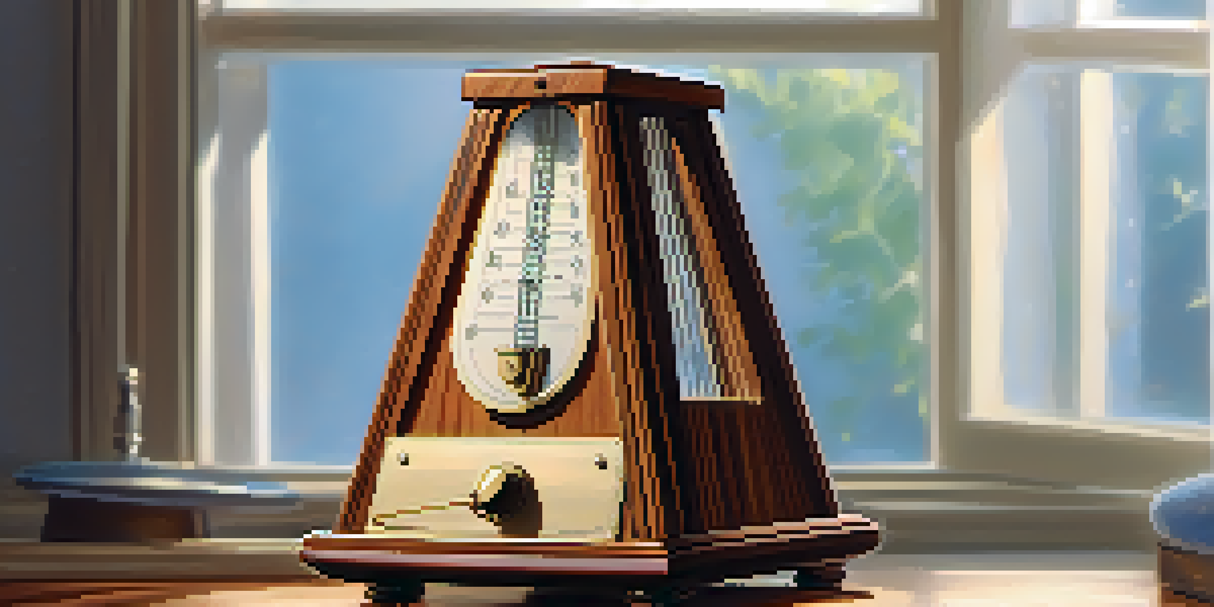 A classic wooden metronome on a polished wooden surface with sunlight casting shadows, showing the pendulum in motion.