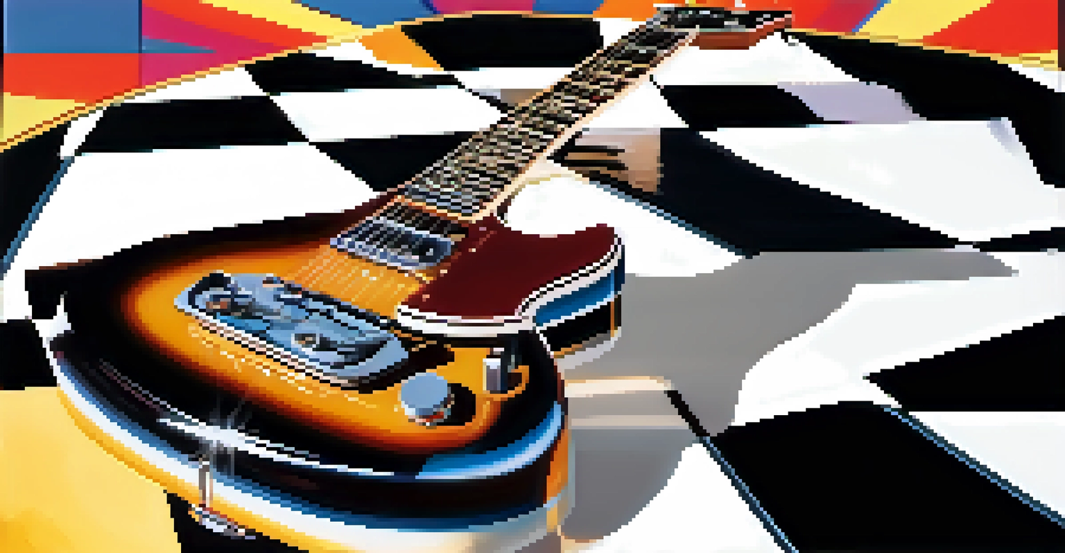 A close-up of a sunburst electric guitar in a vibrant retro diner setting from the 1950s.