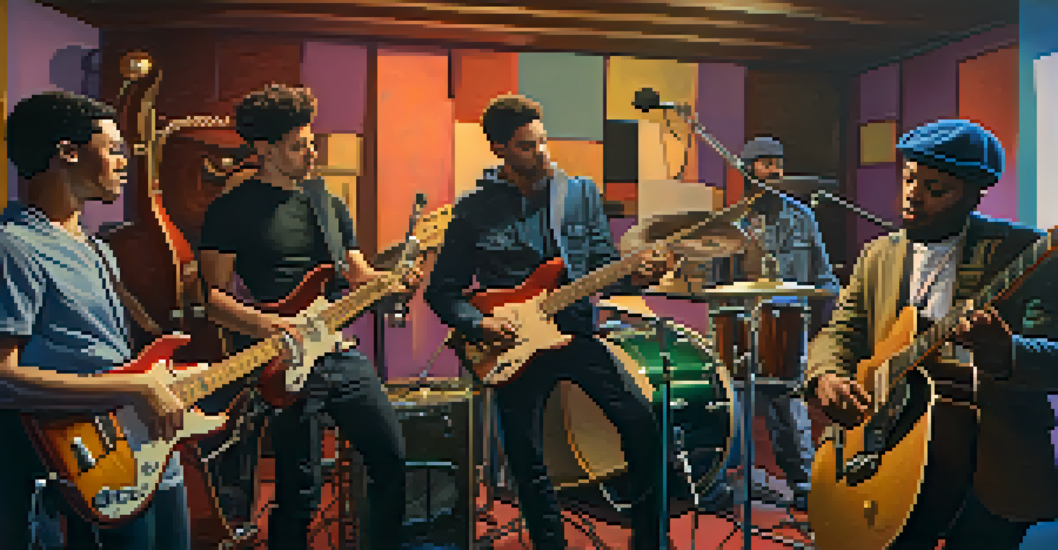 Musicians in a studio collaborating on a ska song, featuring a guitarist, drummer, and horn player in a warm, colorful setting.