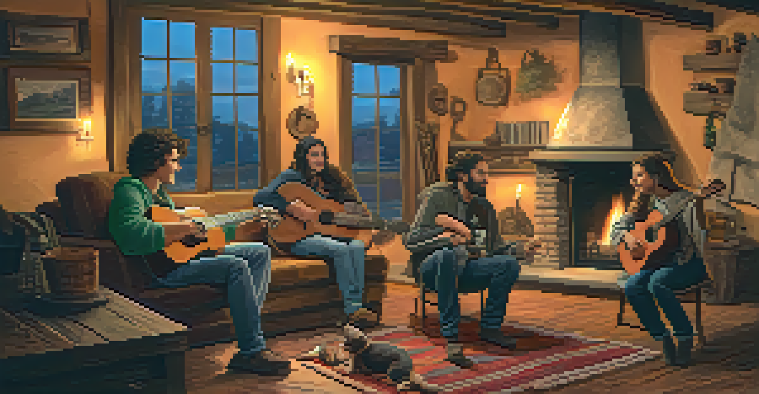 A group of friends sitting around a fireplace, enjoying music from an acoustic guitar, surrounded by a cozy interior.