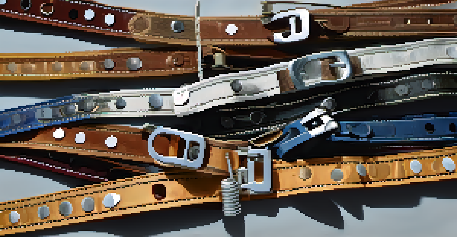 A flat lay of different types of guitar strap locks and a guitar strap, showcasing their textures and colors in natural light.