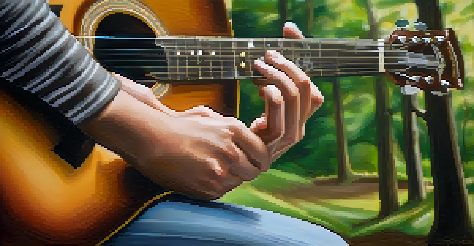 A person's hands gently fingerpicking a guitar with fresh strings, set against a softly blurred outdoor background.