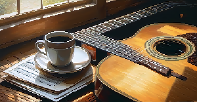 A wooden acoustic guitar on a rustic table with sheet music and a cup of coffee, illuminated by sunlight.