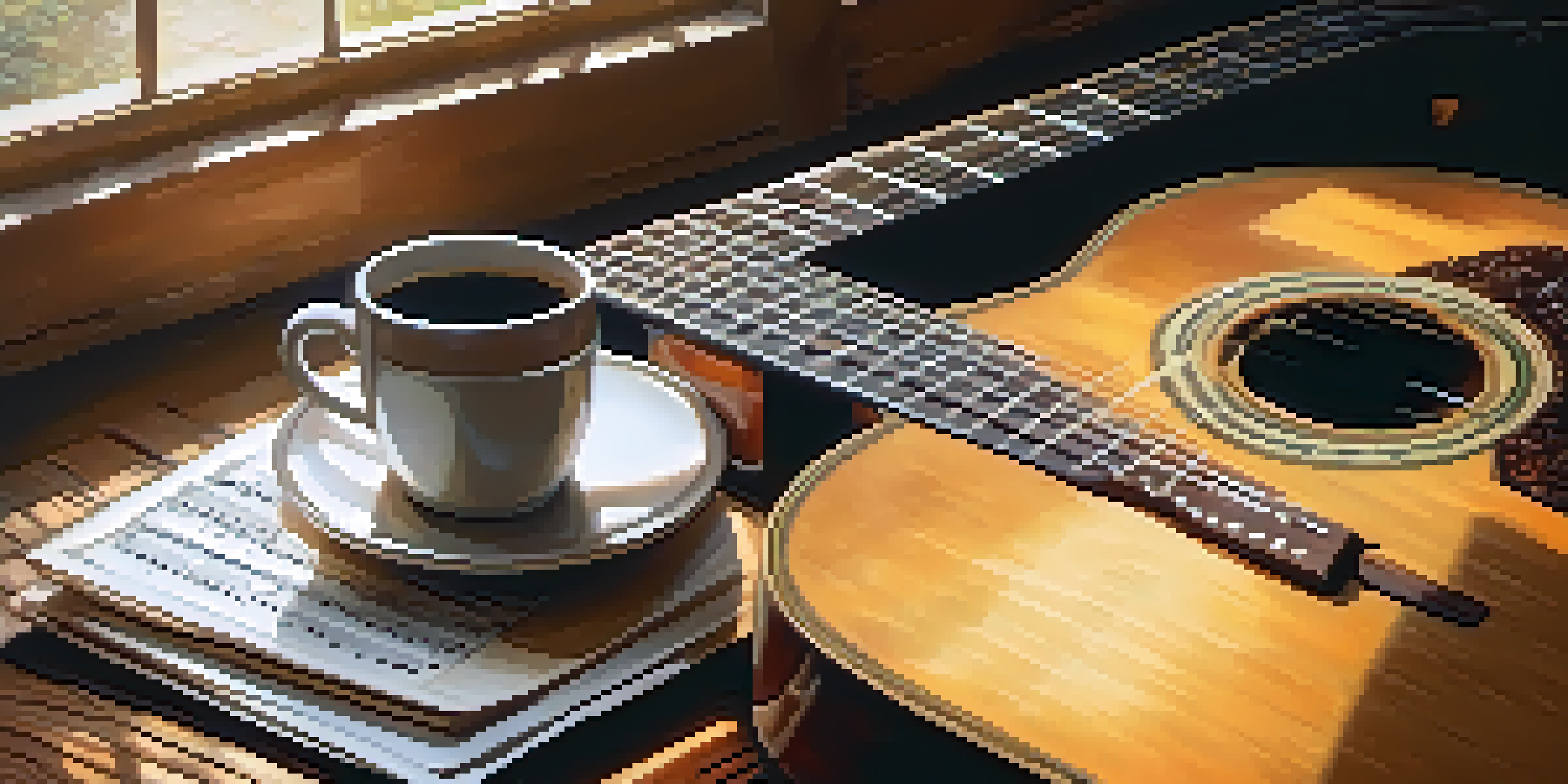 A wooden acoustic guitar on a rustic table with sheet music and a cup of coffee, illuminated by sunlight.