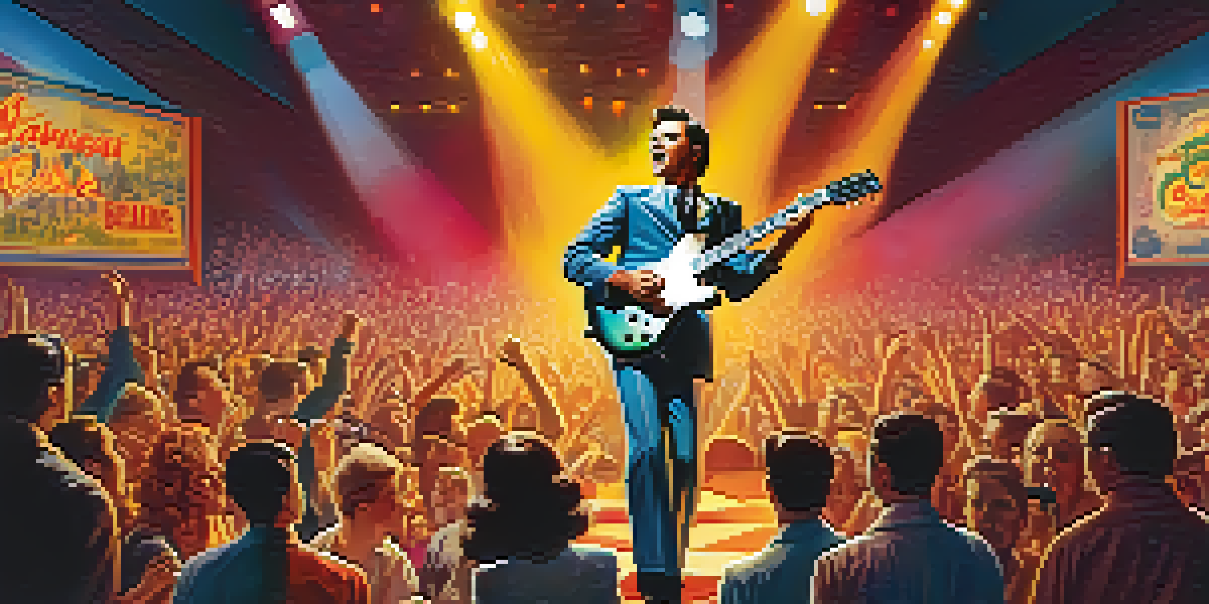 A 1950s rock and roll concert with an electric guitar player and an excited crowd.