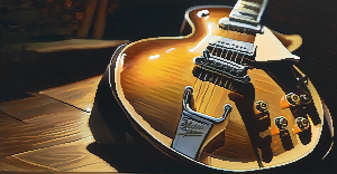 A vintage Les Paul electric guitar on a wooden stage, illuminated by a warm spotlight, with a blurred background of musical notes and a crowd.