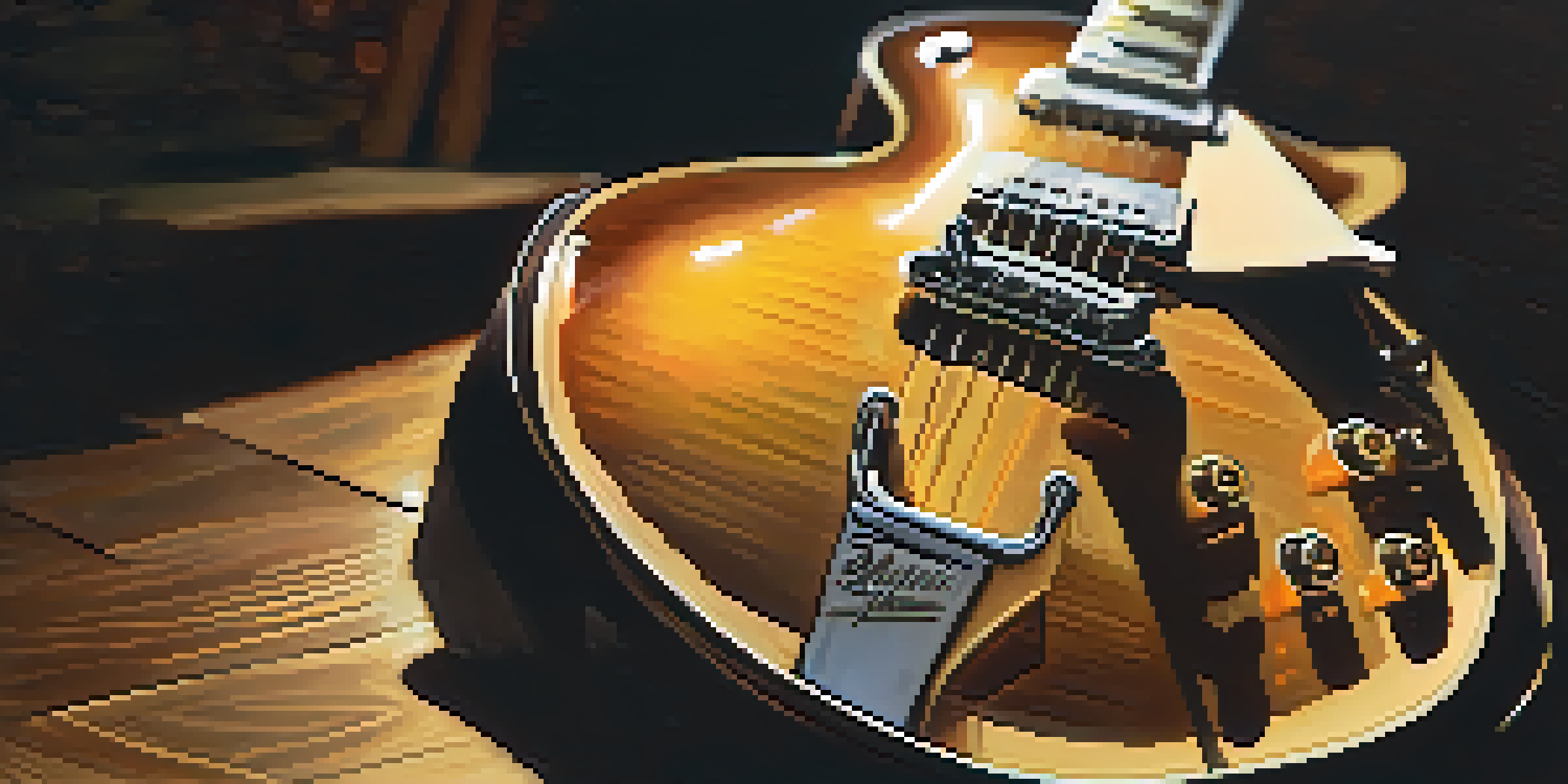 A vintage Les Paul electric guitar on a wooden stage, illuminated by a warm spotlight, with a blurred background of musical notes and a crowd.