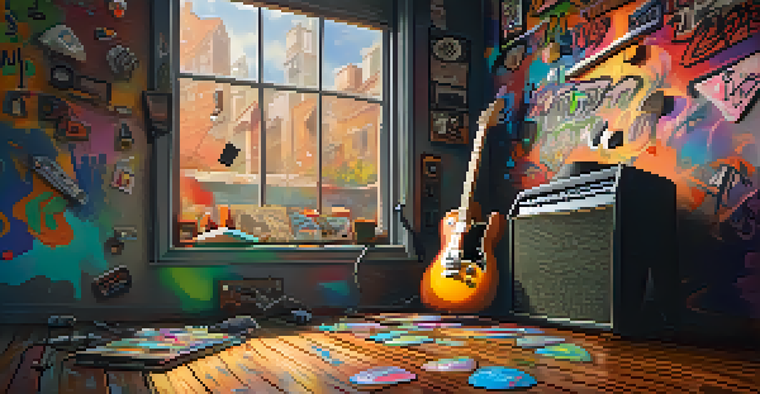 An electric guitar leaning against a graffiti wall in a creative workspace with colorful guitar picks on the floor.