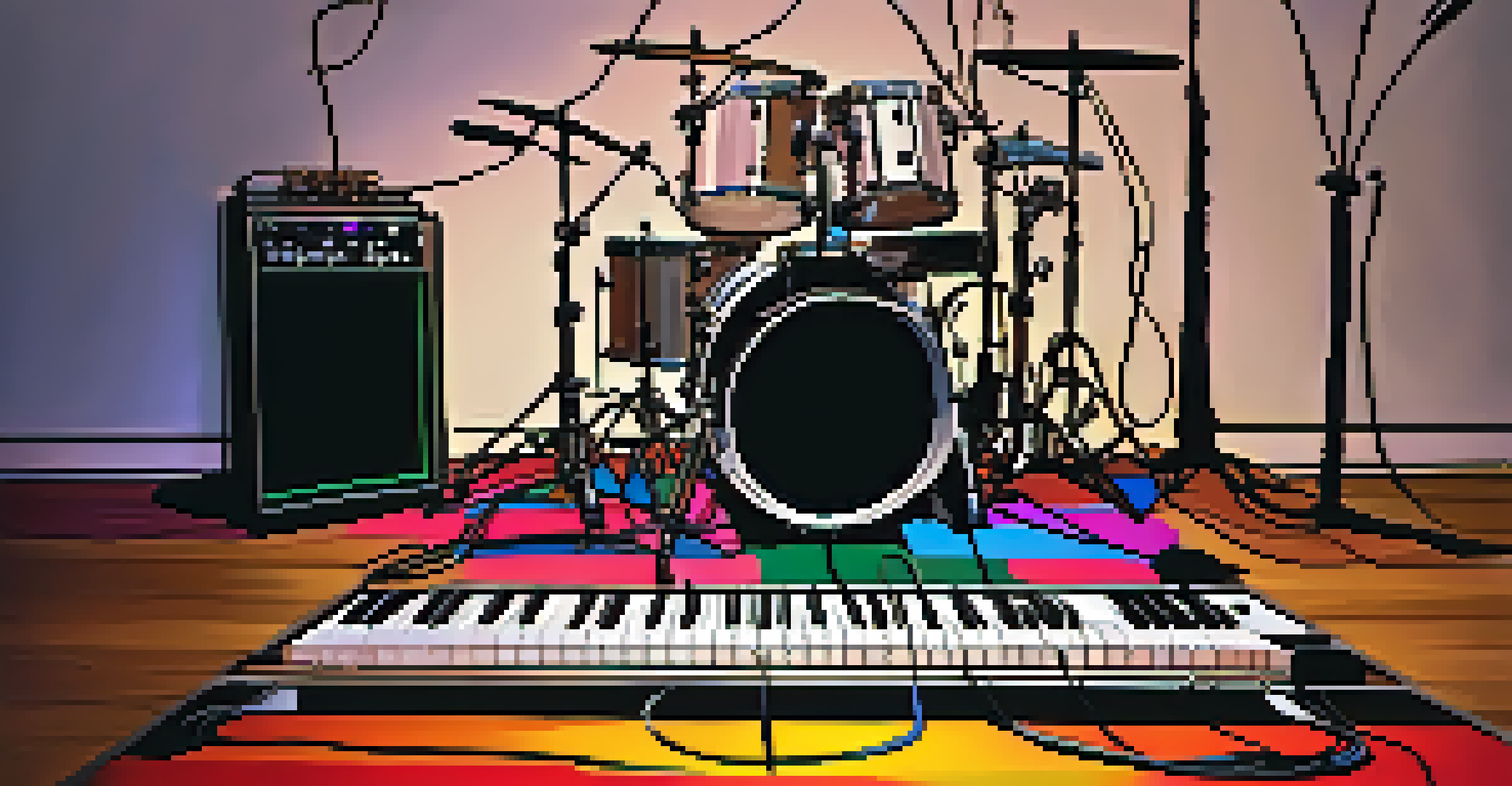 A close-up of a loop pedal setup on a wooden floor, with colorful cables and pedals lit by soft LED lights, and a blurred silhouette of a guitarist in the background.