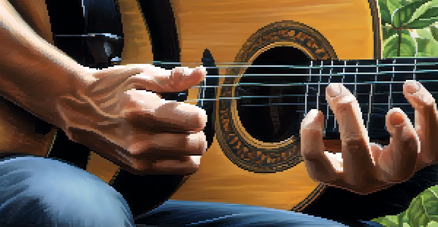 Close-up of a guitarist's hands playing an acoustic guitar with a blurred natural background.