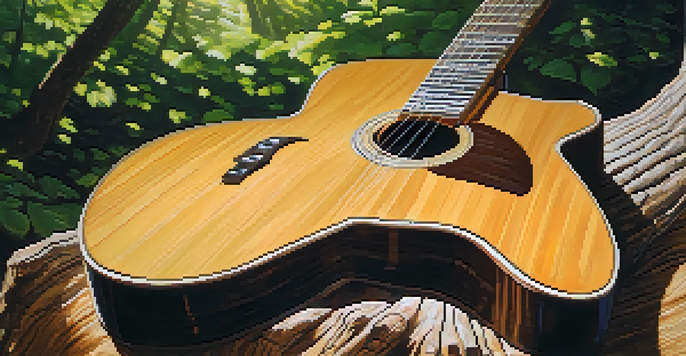 A close-up of an acoustic guitar against a tree trunk with sunlight filtering through the leaves.