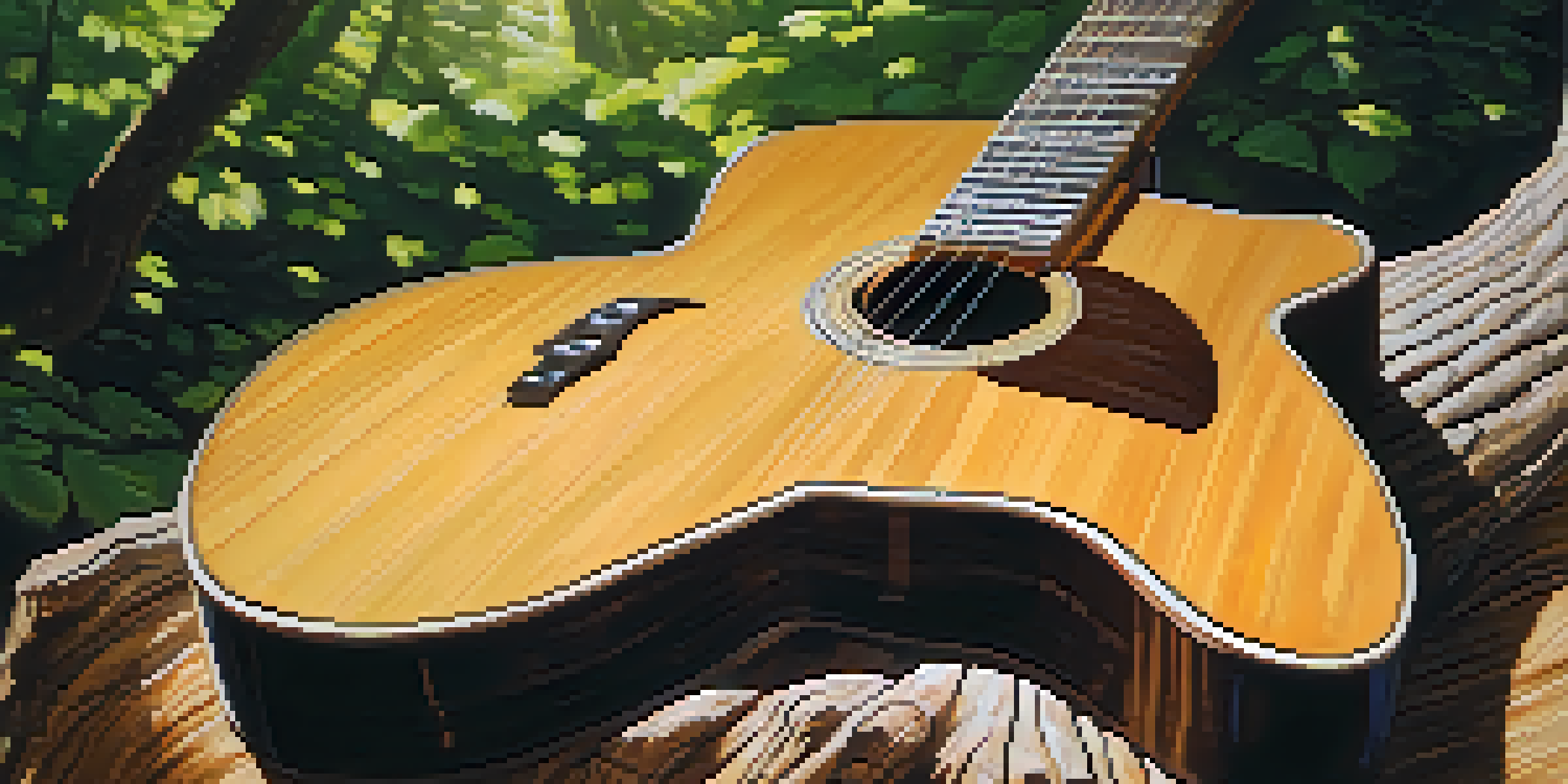 A close-up of an acoustic guitar against a tree trunk with sunlight filtering through the leaves.