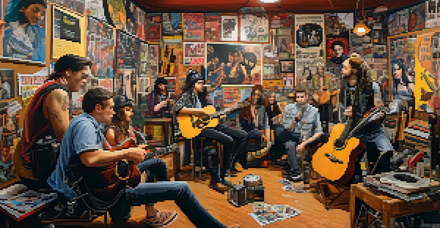 A group of punk musicians jamming in a cluttered room filled with posters and graffiti, surrounded by various musical instruments, embodying the DIY ethos of punk culture.