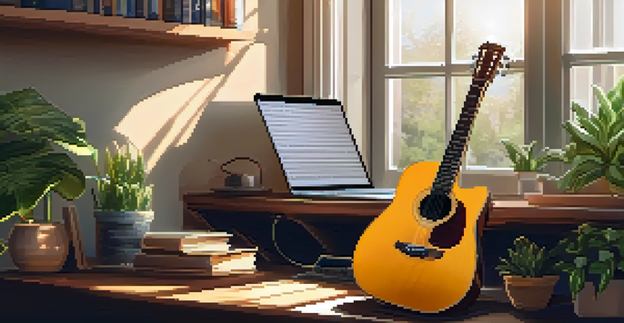 A cozy home studio with a wooden acoustic guitar, warm sunlight, sheet music, and a laptop amidst plants.