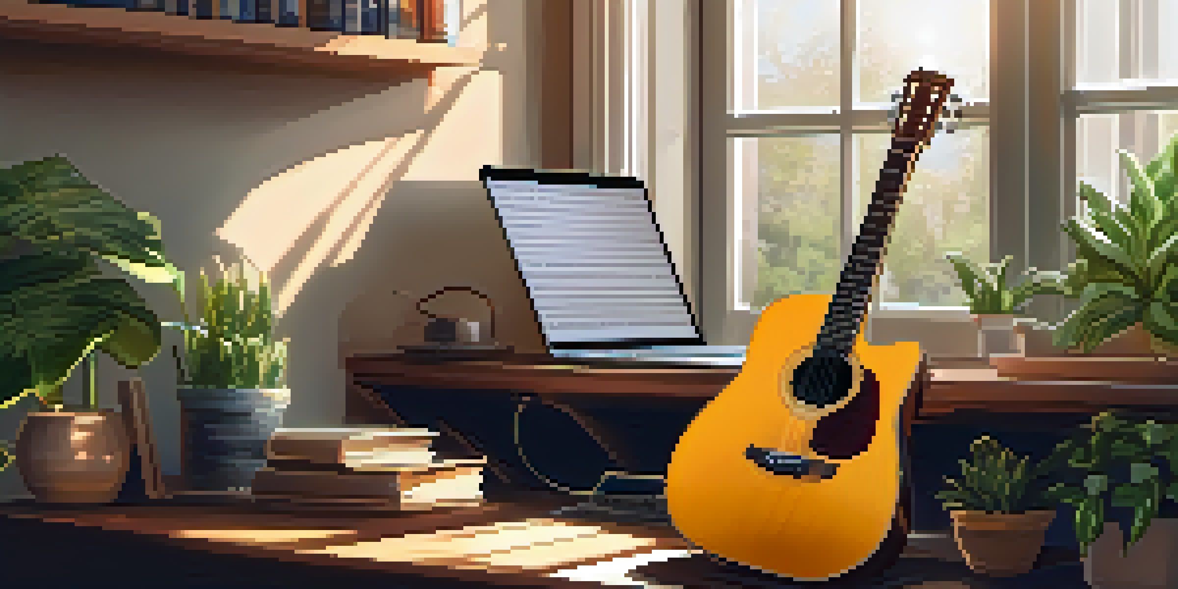 A cozy home studio with a wooden acoustic guitar, warm sunlight, sheet music, and a laptop amidst plants.