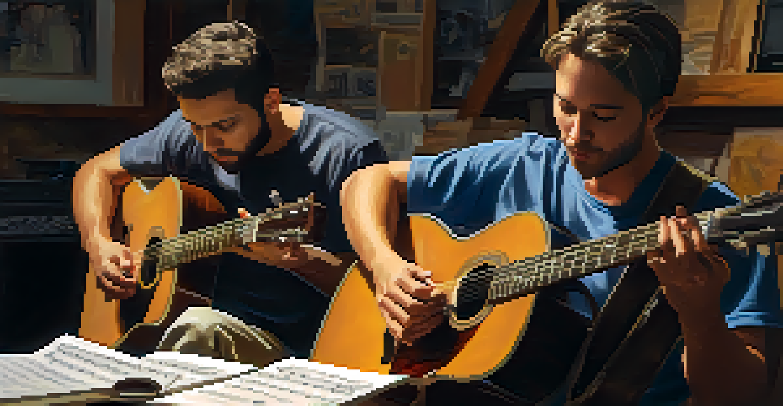 Two musicians collaborating on a song in a cozy guitar workshop, with an emphasis on their hands and sheet music.