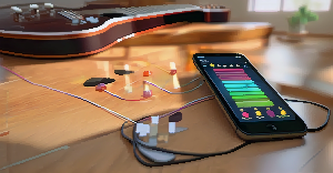 A smartphone on a wooden table showing a guitar learning app, with a guitar pick and an acoustic guitar in the background, illuminated by sunlight.