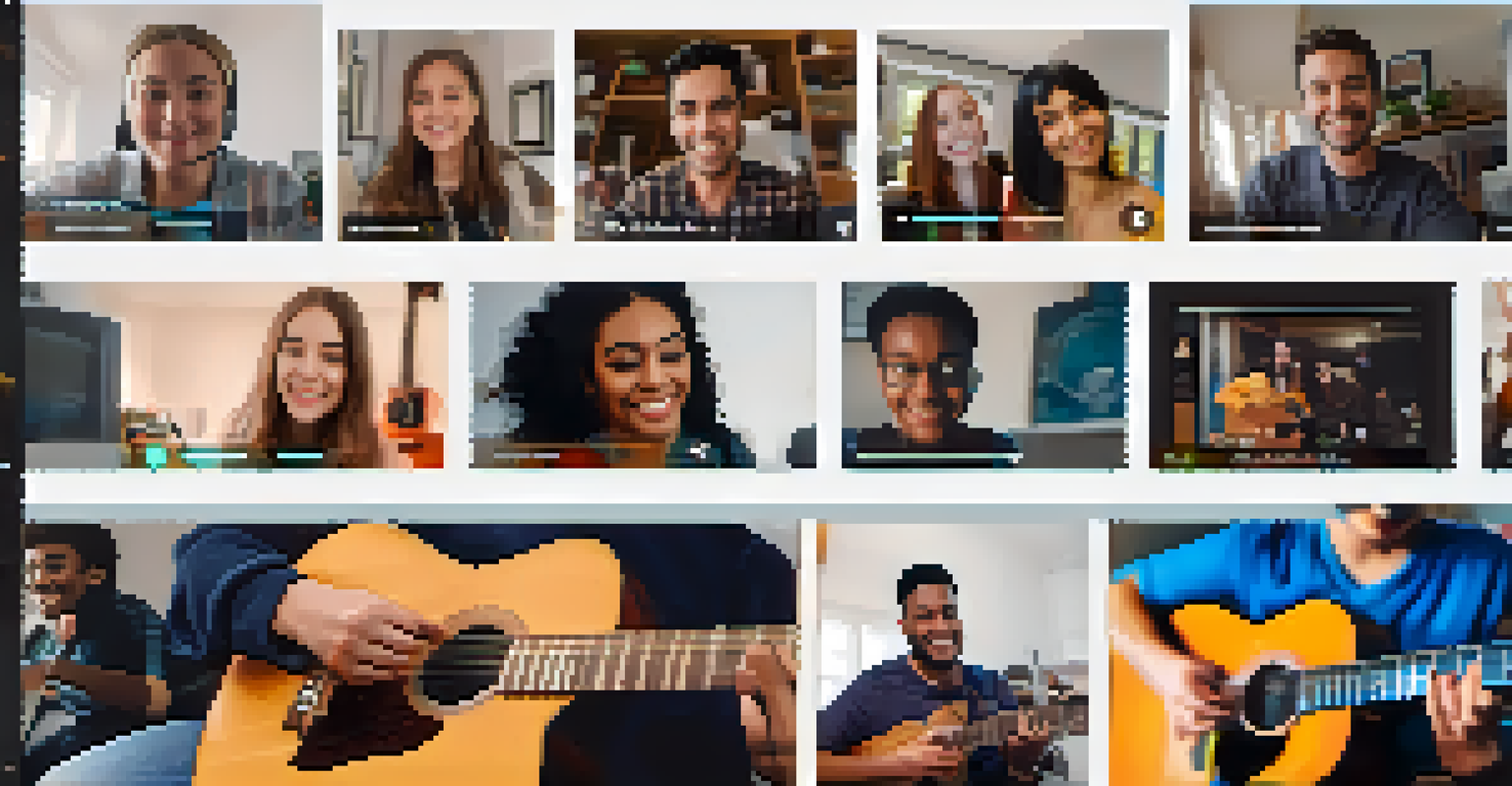 A video call with a diverse group of individuals engaged in an online guitar lesson, showcasing smiles and interactions as they learn together from their homes.