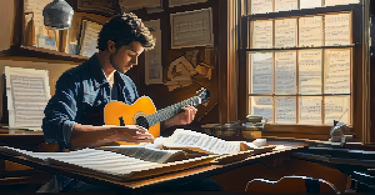 A guitarist practicing fingerpicking in a warmly lit room surrounded by sheet music.