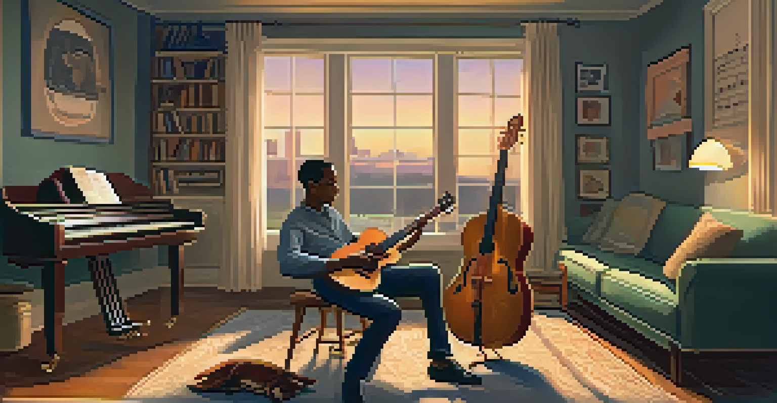 A guitarist practicing in a cozy room with music sheets and soft lighting, focused on playing an acoustic guitar.