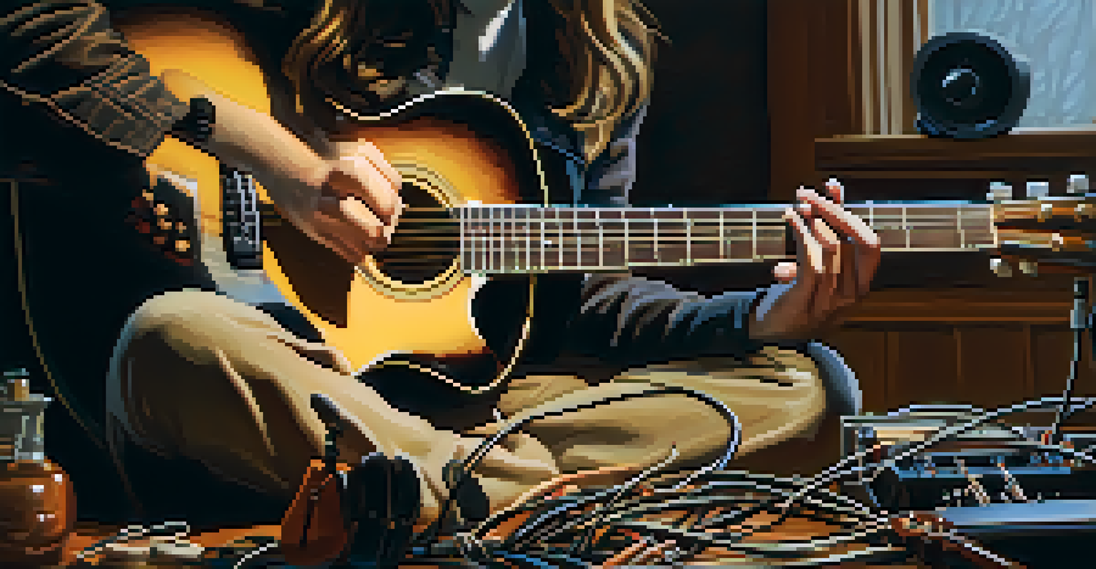 A musician examining a guitar cable in a warm and inviting music room, with various instruments in the background.