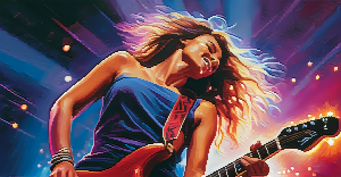 A female guitarist passionately performing on stage with colorful lights and a cheering crowd in the background.