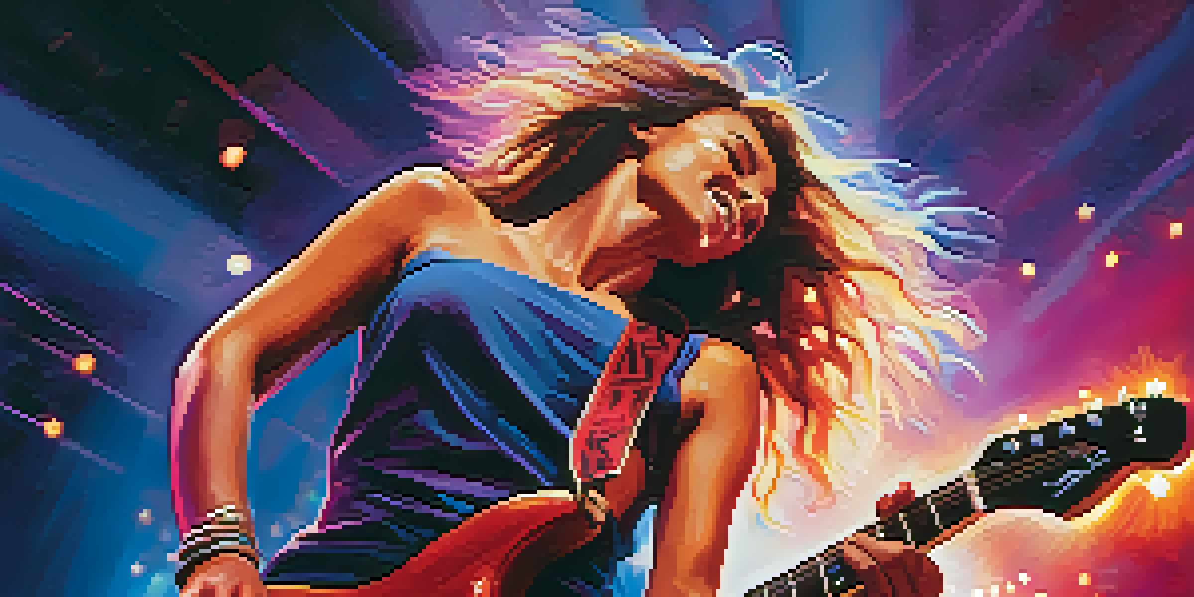 A female guitarist passionately performing on stage with colorful lights and a cheering crowd in the background.