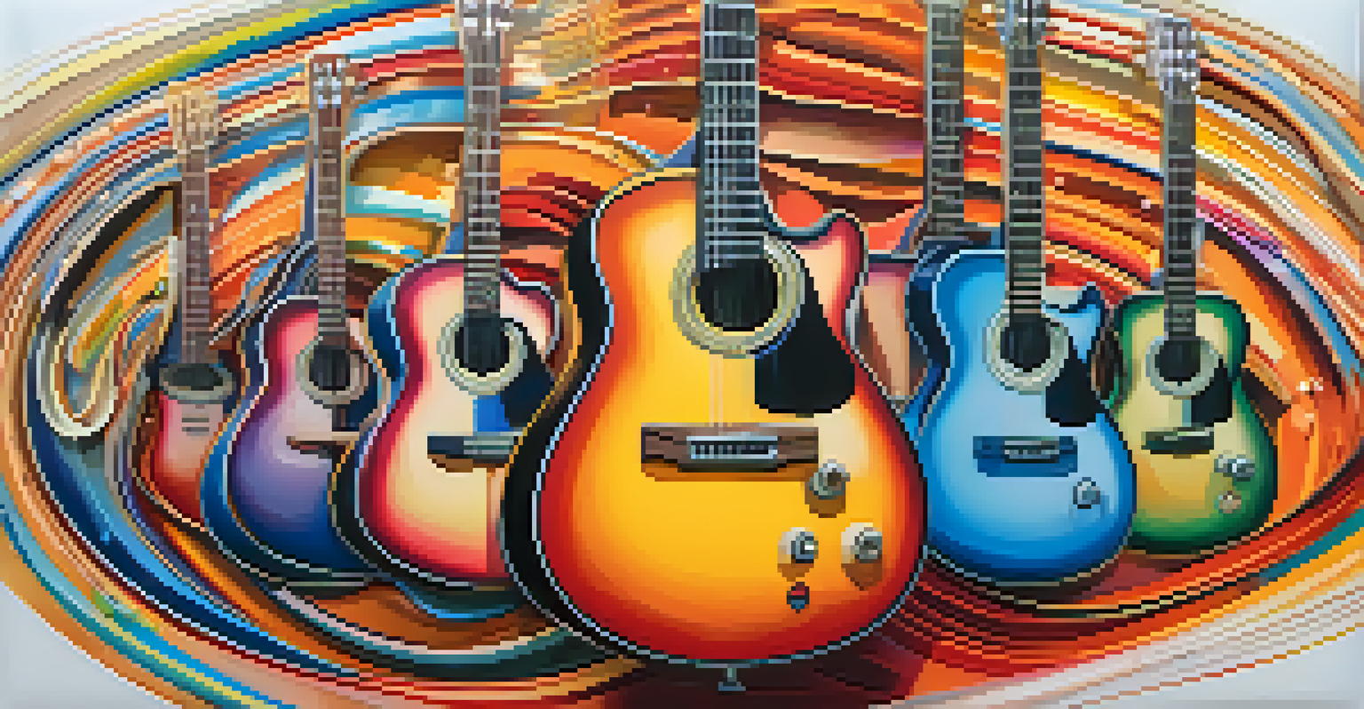Abstract illustration of guitar modes represented by vibrant colors and patterns on a musical staff.