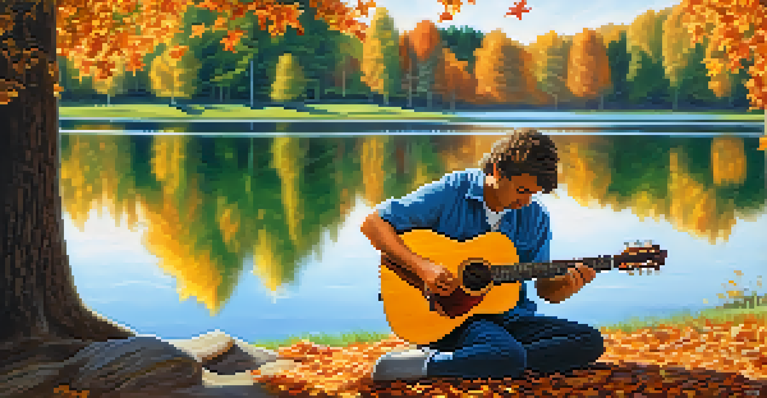 An artist playing a guitar tuned to open G in a sunlit park surrounded by vibrant autumn leaves and a serene lake.