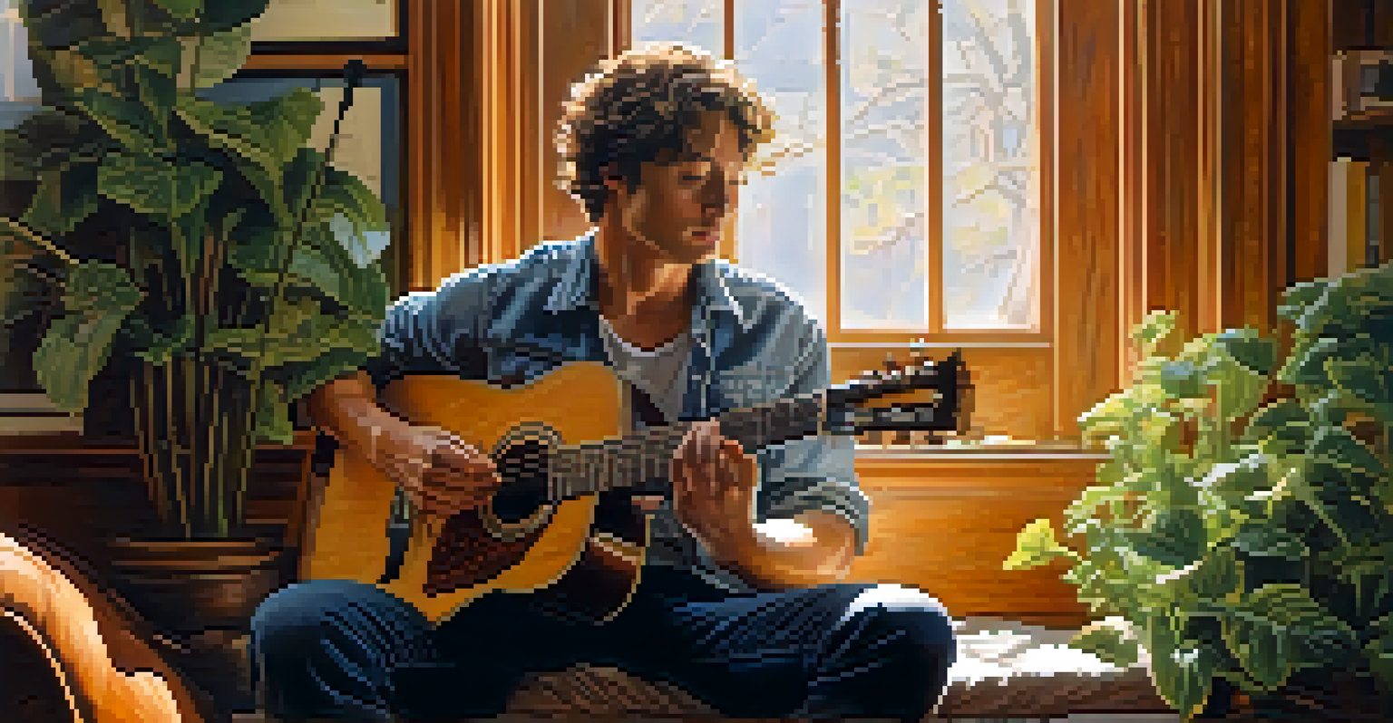 A guitarist playing an acoustic guitar in a sunlit room with plants and music sheets.