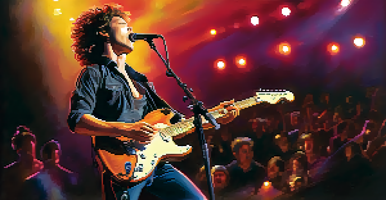 A guitarist performing on stage with vibrant lights, immersed in the music with an excited audience in the background.
