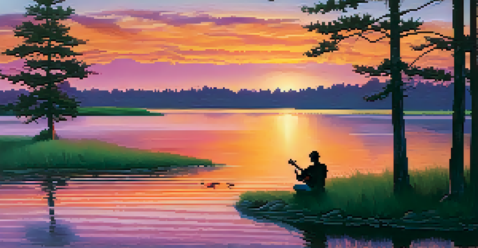 A sunset over a calm lake with a guitarist silhouette on the shore, vibrant colors reflecting on the water.