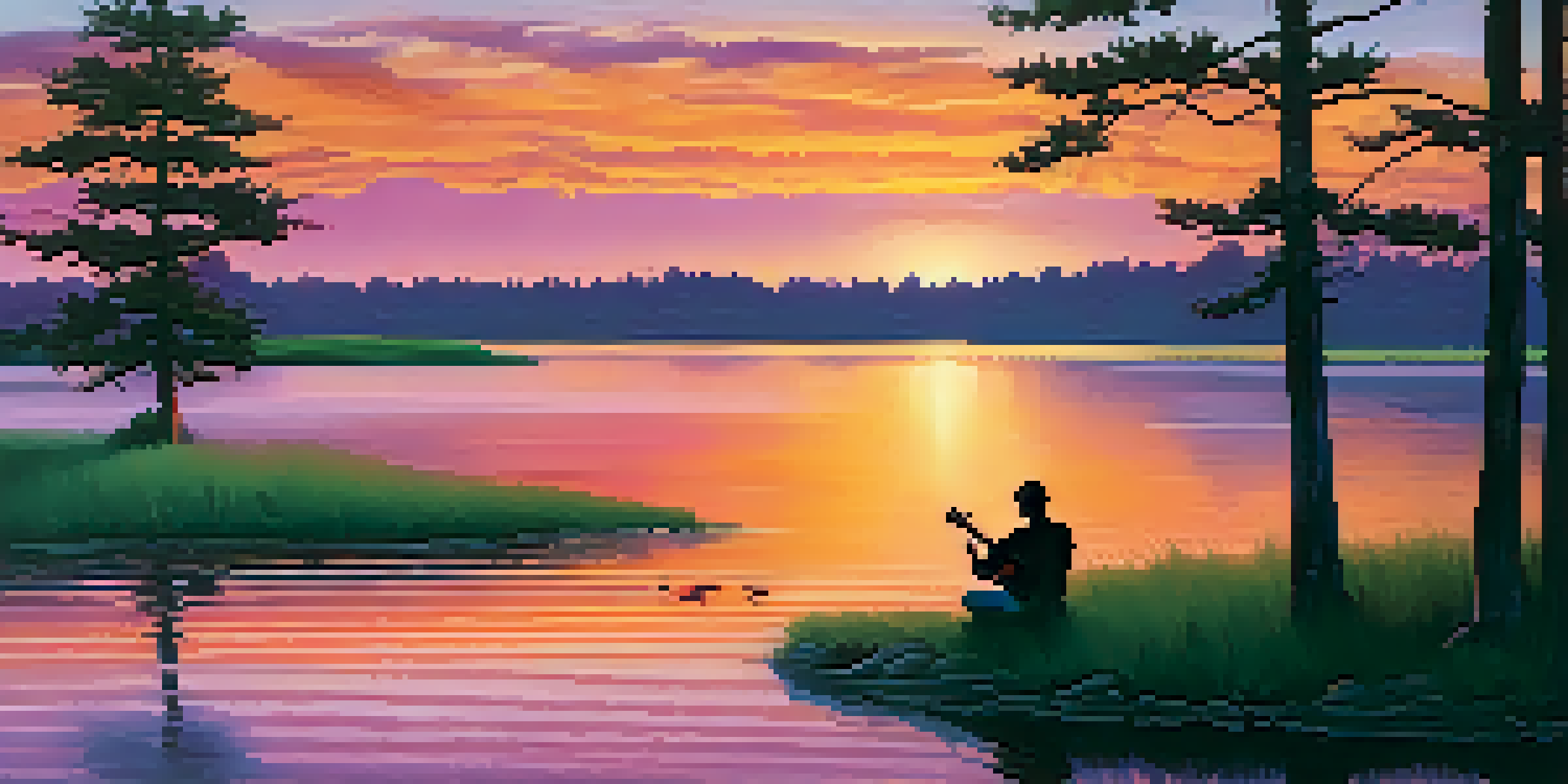 A sunset over a calm lake with a guitarist silhouette on the shore, vibrant colors reflecting on the water.