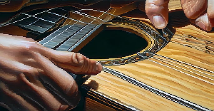 A close-up image of a hand adjusting the truss rod of a guitar neck, showcasing the fretboard and strings with warm lighting.