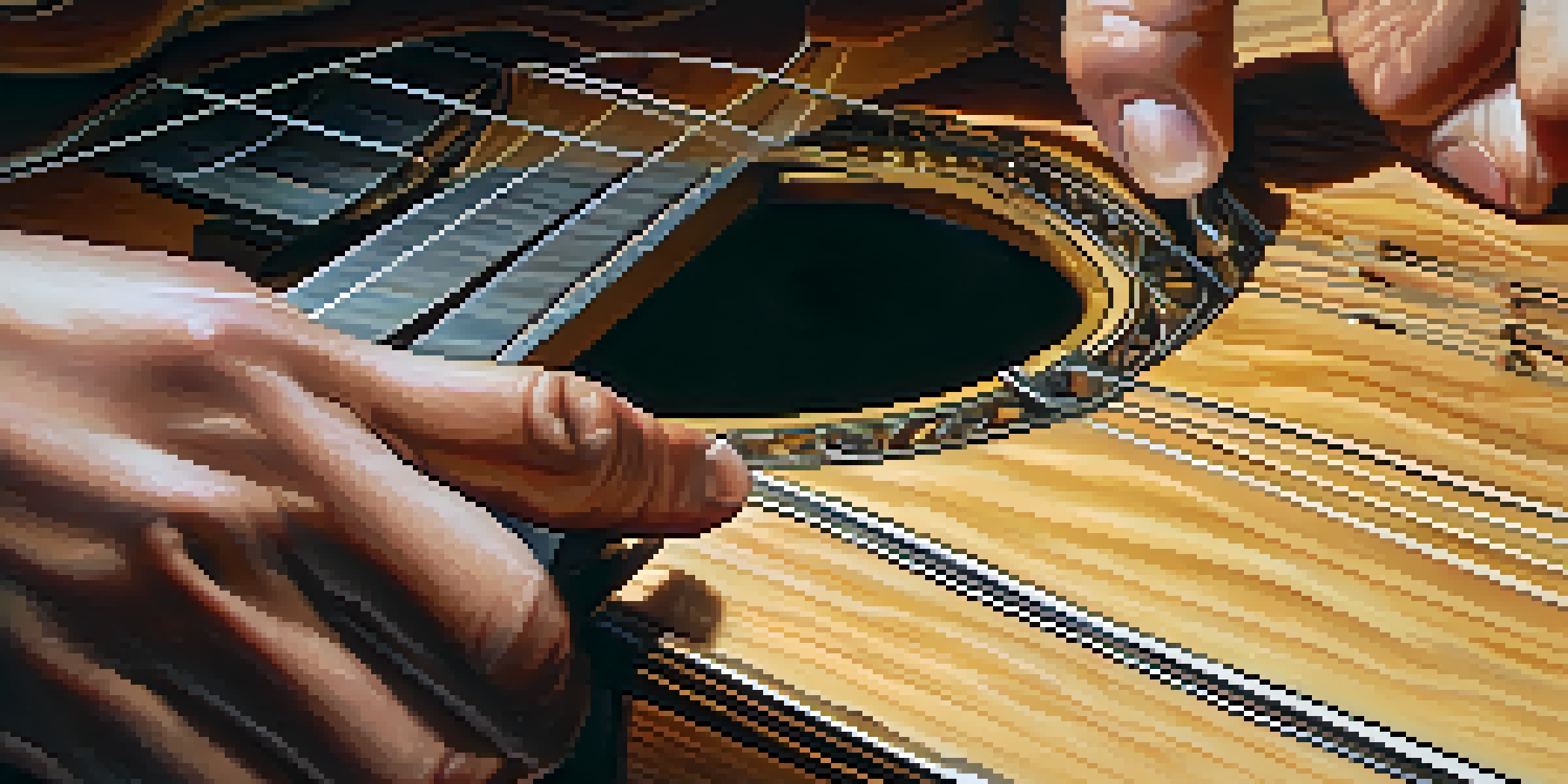 A close-up image of a hand adjusting the truss rod of a guitar neck, showcasing the fretboard and strings with warm lighting.