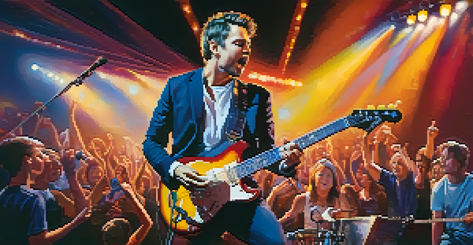 A guitarist with short fingers performing on stage surrounded by a cheering audience, illuminated by colorful lights.