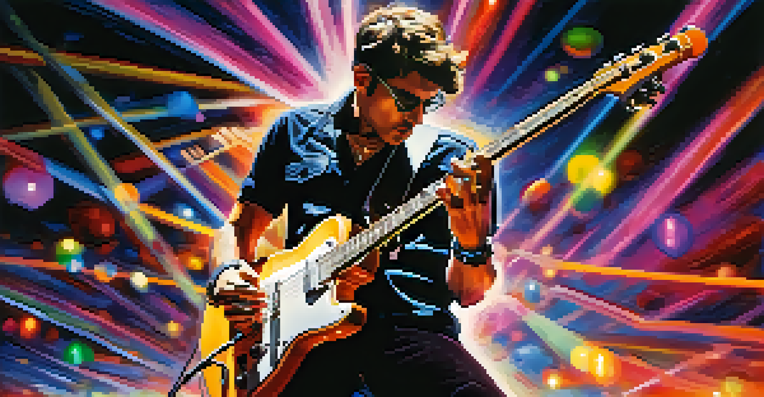 A guitarist performing on stage surrounded by multiple microphones at various angles, with colorful stage lights illuminating the scene.