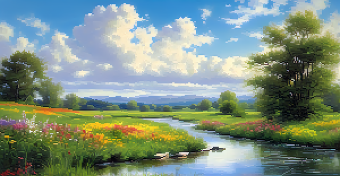 A bright landscape with a blue sky, white clouds, green meadow, colorful wildflowers, and a gently flowing stream.