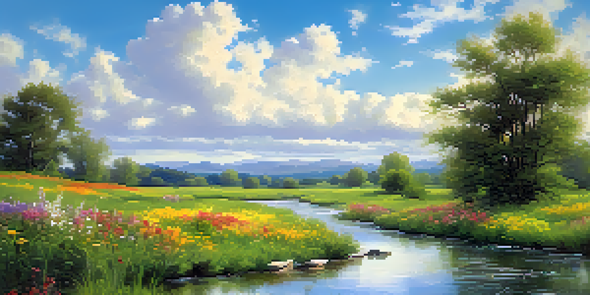 A bright landscape with a blue sky, white clouds, green meadow, colorful wildflowers, and a gently flowing stream.