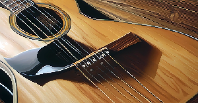 A close-up view of a finely crafted acoustic guitar with intricate wood grain patterns, illuminated by soft warm lighting against a rustic wooden backdrop.