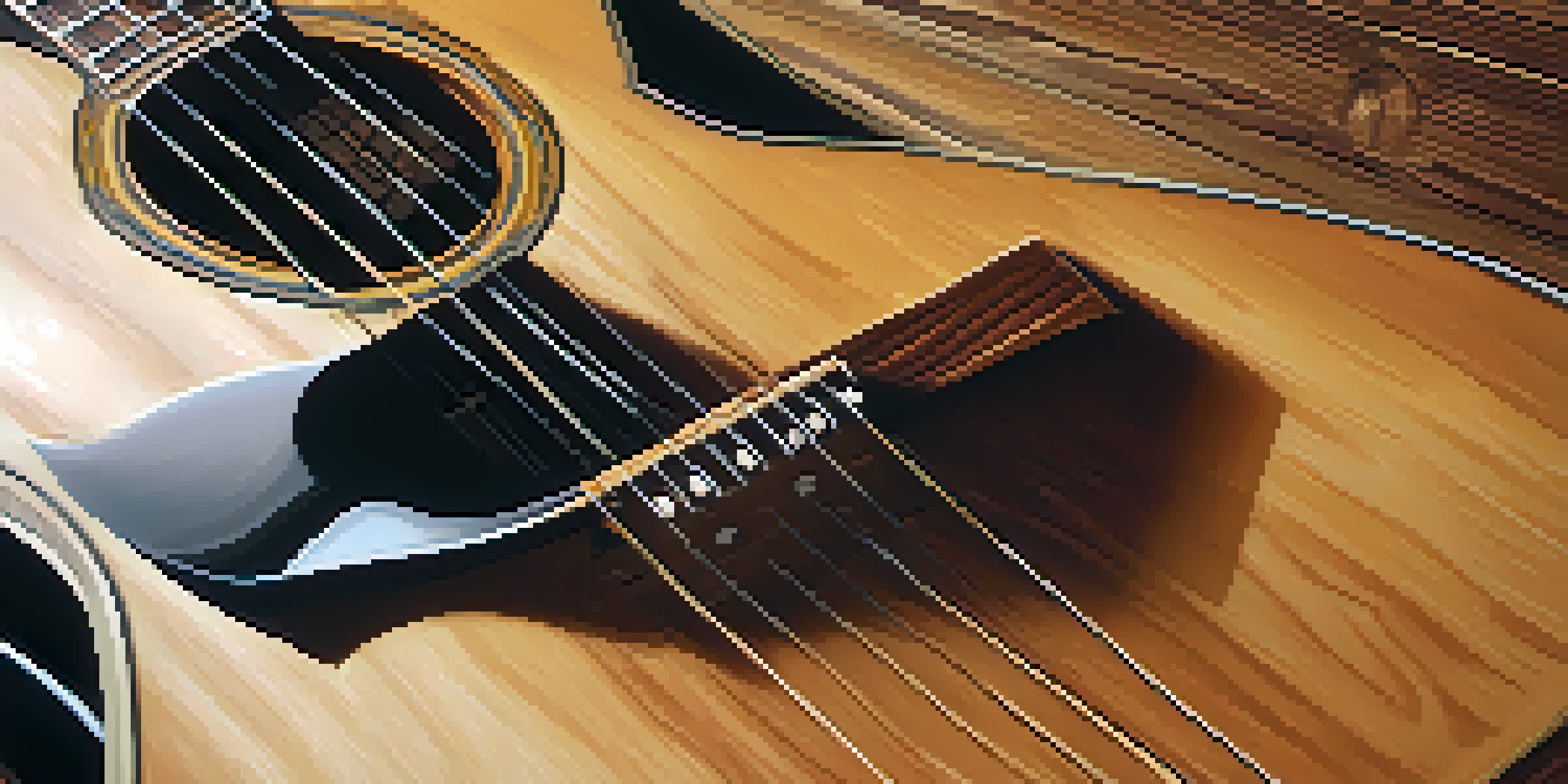 A close-up view of a finely crafted acoustic guitar with intricate wood grain patterns, illuminated by soft warm lighting against a rustic wooden backdrop.