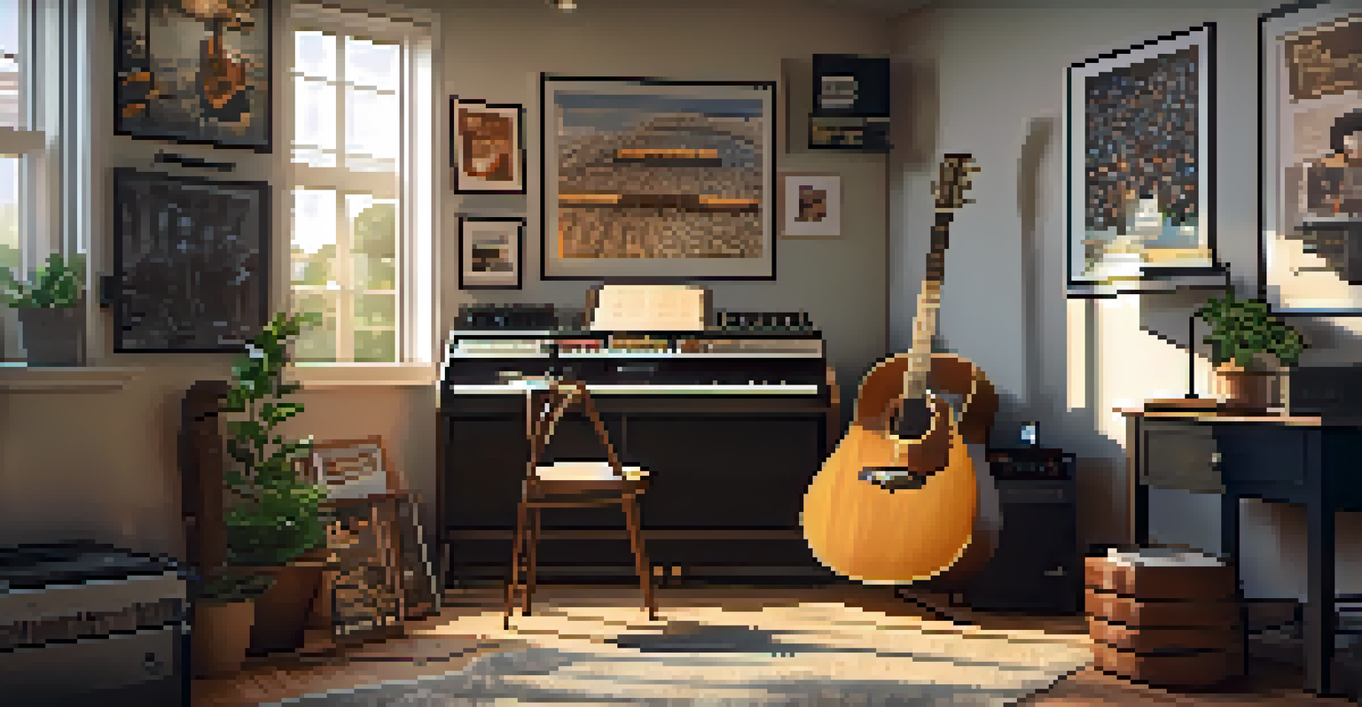 A cozy home studio setup for a guitar live stream with an acoustic guitar and warm lighting.