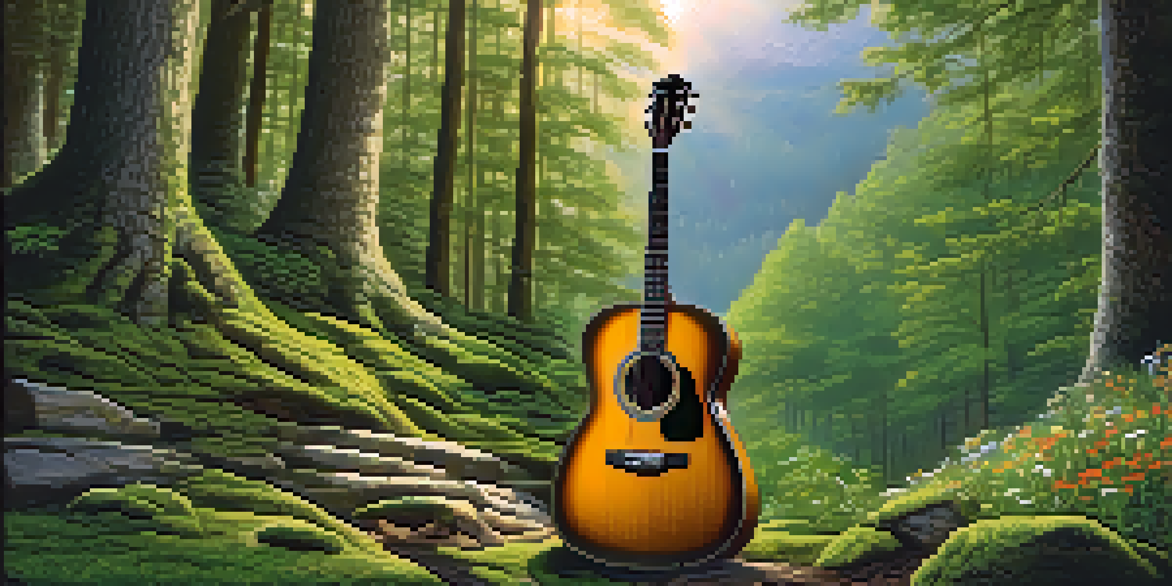 A peaceful forest scene with a guitar leaning against a stone wall, surrounded by greenery and soft sunlight.
