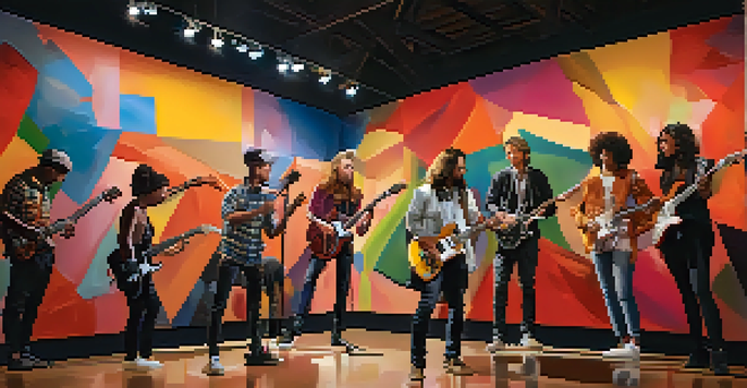 A guitarist performs in a colorful gallery filled with abstract art as the audience enjoys the live music.