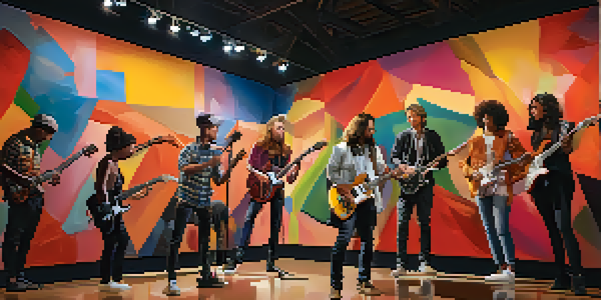 A guitarist performs in a colorful gallery filled with abstract art as the audience enjoys the live music.