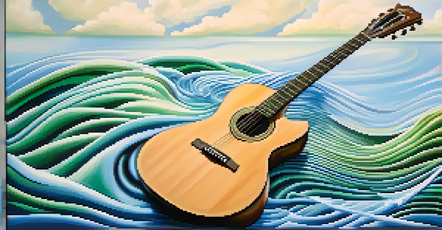 Colorful sound waves flowing from a guitar, intertwined with clouds and water ripples in a serene blue-green background.