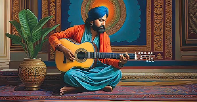 A guitarist performing in a traditional Indian setting, surrounded by classical instruments and warm lighting.