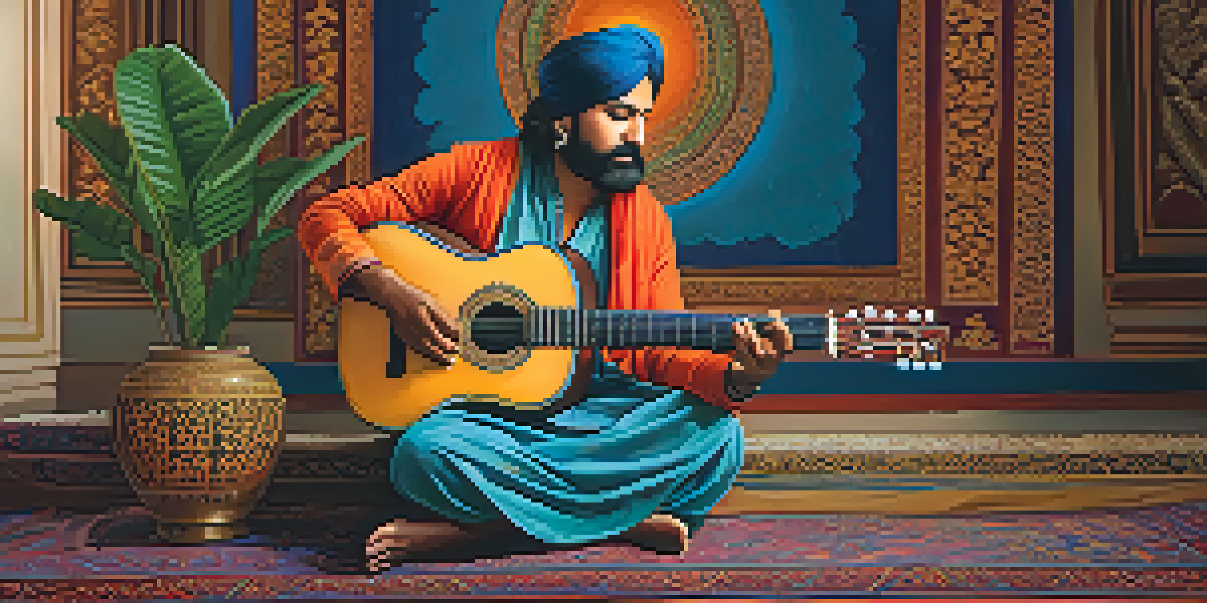 A guitarist performing in a traditional Indian setting, surrounded by classical instruments and warm lighting.
