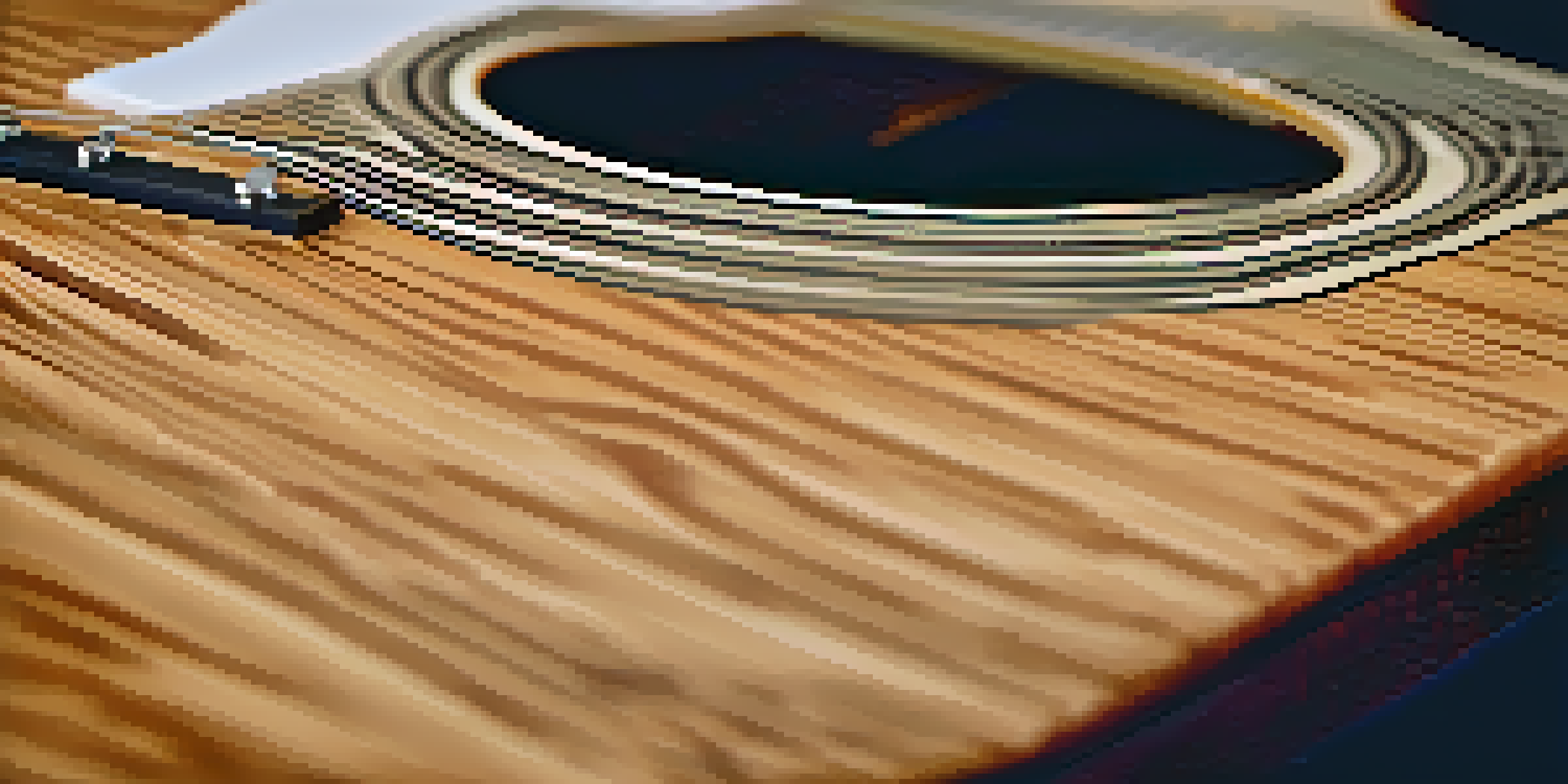 A detailed view of a maple guitar neck with visible grain patterns, set in a softly lit music studio with guitar picks around.