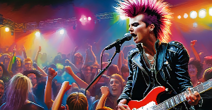 A punk guitarist performing on stage with spiked hair and a leather jacket, illuminated by colorful lights, showcasing the energy of a live concert.